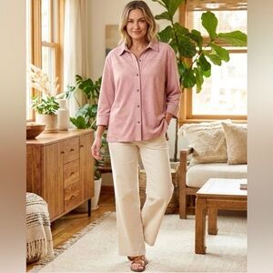 Sigrid Olsen Pink Oversized Faux Suede 3/4 Sleeve Button Down